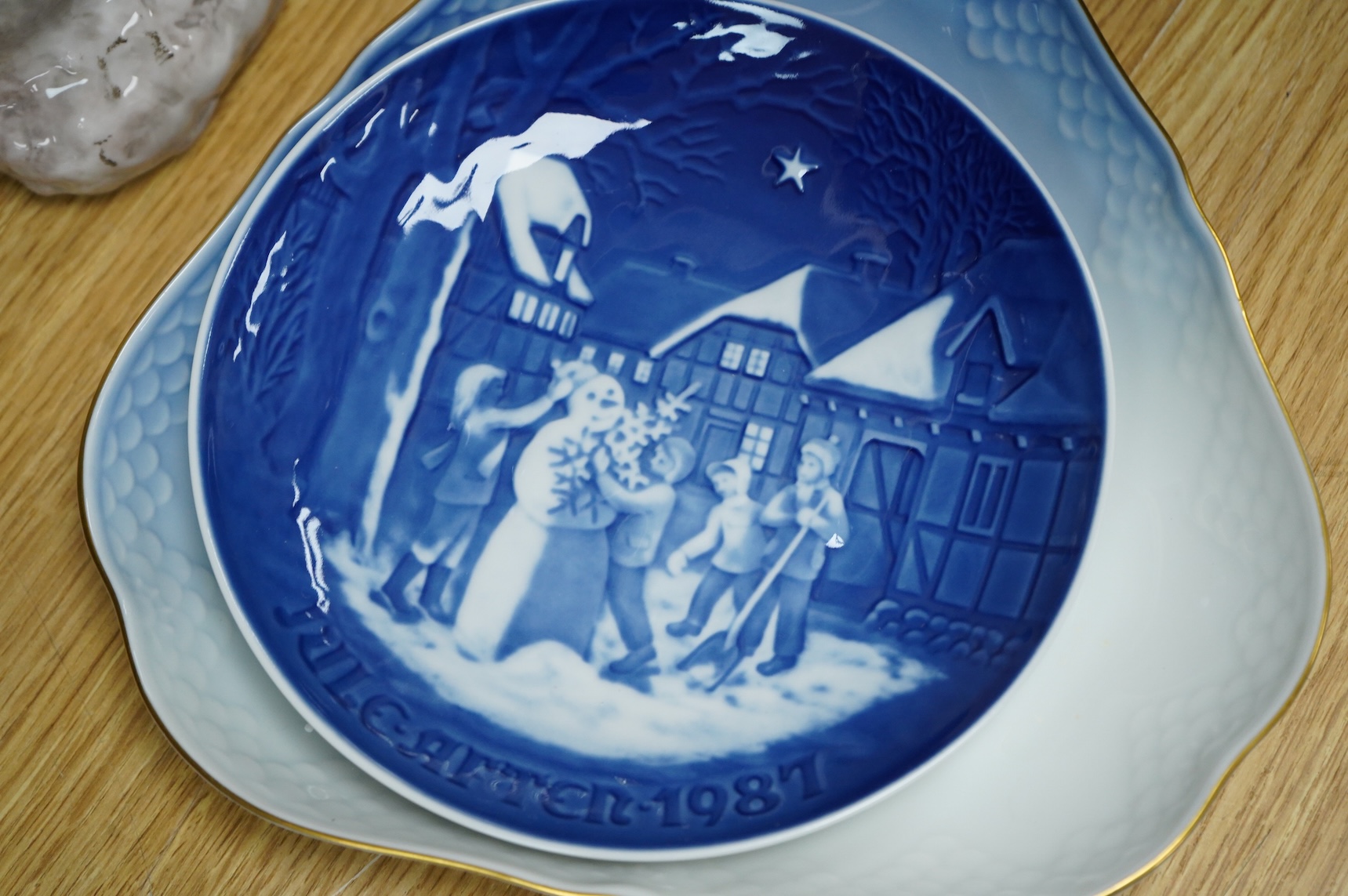 A small collection of Royal Copenhagen plates and a Bing & Grondahl Owl, 29cm high
